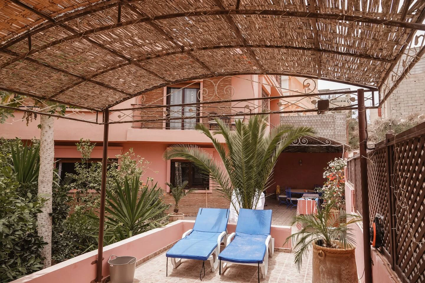 Terrasse arborée du rez-de-chaussée de Berber Shelter, avec transats et façade de la maison d’hôtes à Tamraght.
